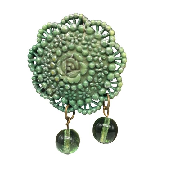 Antique Green Floral Celluloid Rose Brooch with Glass Bead Dangles - Picture 2 of 6